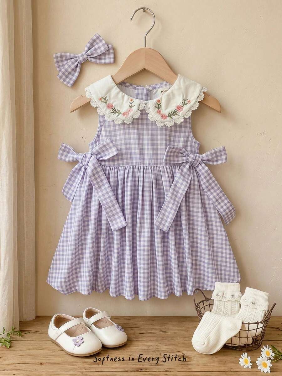 Cozy Pixies 女婴/幼儿格子卡通动物刺绣圆领无袖休闲连衣裙，百搭舒适，可爱甜美，卡通图案，童话风格，适合玩耍、居家、户外、日常穿着。 - 彩色 - 查看 1