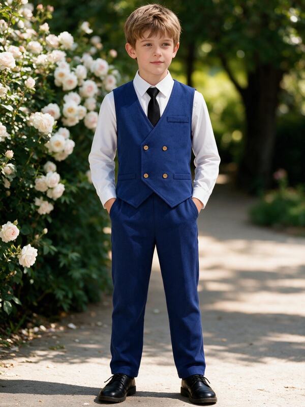 Conjunto de 2 piezas de chaleco y pantalones para niños, chaleco azul marino de doble botonadura con cintura elástica y pantalones de pierna recta, adecuado para primavera, verano, otoño, niño de flores de boda, actuación escolar, fiesta de cumpleaños, celebración del primer cumpleaños y otras ocasiones de lujo, adecuado para 15-25°C