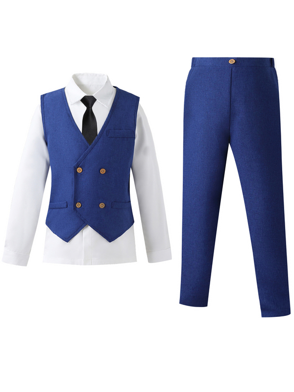 Conjunto de 2 piezas de chaleco y pantalones para niños, chaleco azul marino de doble botonadura con cintura elástica y pantalones de pierna recta, adecuado para primavera, verano, otoño, niño de flores de boda, actuación escolar, fiesta de cumpleaños, celebración del primer cumpleaños y otras ocasiones de lujo, adecuado para 15-25°C