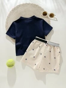 Cozy Pixies 2pcs Baby Boy Navy Summer Casual Set Horse Pattern Cotton Polo Shirt And Elastic Waist Shorts,Toddler Boys Golf Clothes For Family Matching Outfits - Multicolor - View 2