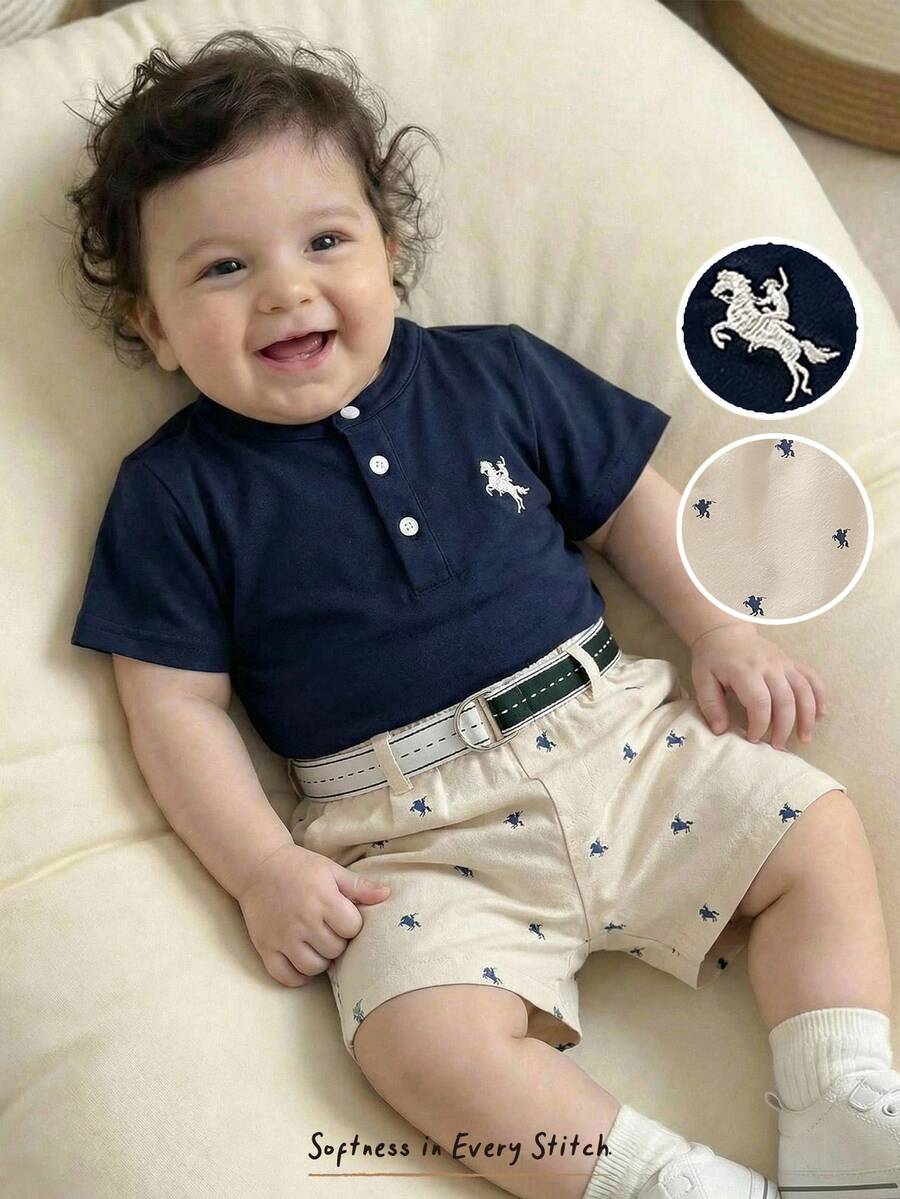 Cozy Pixies 2pcs Baby Boy Navy Summer Casual Set Horse Pattern Cotton Polo Shirt And Elastic Waist Shorts,Toddler Boys Golf Clothes For Family Matching Outfits - Multicolor - View 1