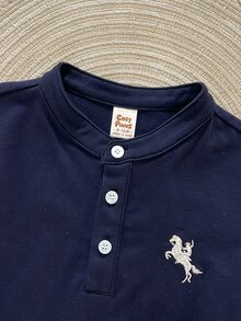 Cozy Pixies 2pcs Baby Boy Navy Summer Casual Set Horse Pattern Cotton Polo Shirt And Elastic Waist Shorts,Toddler Boys Golf Clothes For Family Matching Outfits - Multicolor - View 3