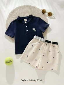 Cozy Pixies 2pcs Baby Boy Navy Summer Casual Set Horse Pattern Cotton Polo Shirt And Elastic Waist Shorts,Toddler Boys Golf Clothes For Family Matching Outfits - Multicolor - View 5