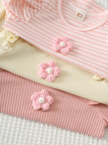 Cozy Pixies 女嬰上衣 3件組 針織休閒圓領 T恤套裝，可愛花卉、條紋針織，秋冬百搭休閒針織純色荷葉袖長袖上衣 3件組，買1送2 - 粉色 - 查看 4