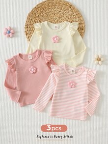 Cozy Pixies 女嬰上衣 3件組 針織休閒圓領 T恤套裝，可愛花卉、條紋針織，秋冬百搭休閒針織純色荷葉袖長袖上衣 3件組，買1送2 - 粉色 - 查看 3