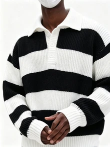 Manfinity Hypemode Men's Striped Drop Shoulder Long Sleeve Casual Loose Fit Sweater - Black and White - View 1
