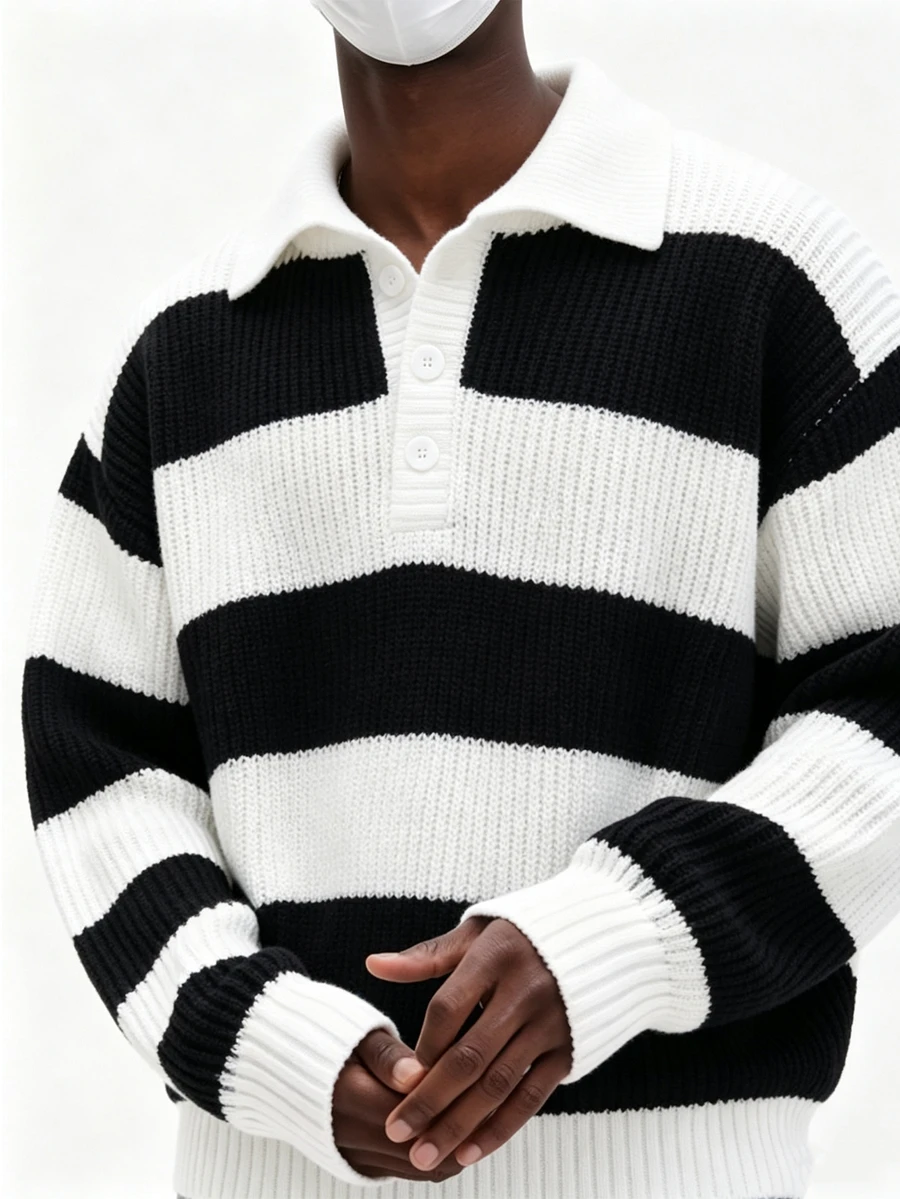 Manfinity Hypemode Men's Striped Drop Shoulder Long Sleeve Casual Loose Fit Sweater - Black and White - View 1