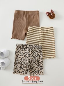 Cozy Pixies 3件套女婴豹纹、经典条纹、纯色柔软弹力腰带短裤和骑行短裤套装 - 彩色 - 查看 6