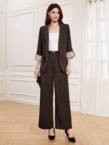 SHEIN LUNE 女款夏季單鈕扣西裝外套，可捲袖口，適合辦公室商務休閒風格，教師節咖啡棕色 - 棕色 - 查看 5