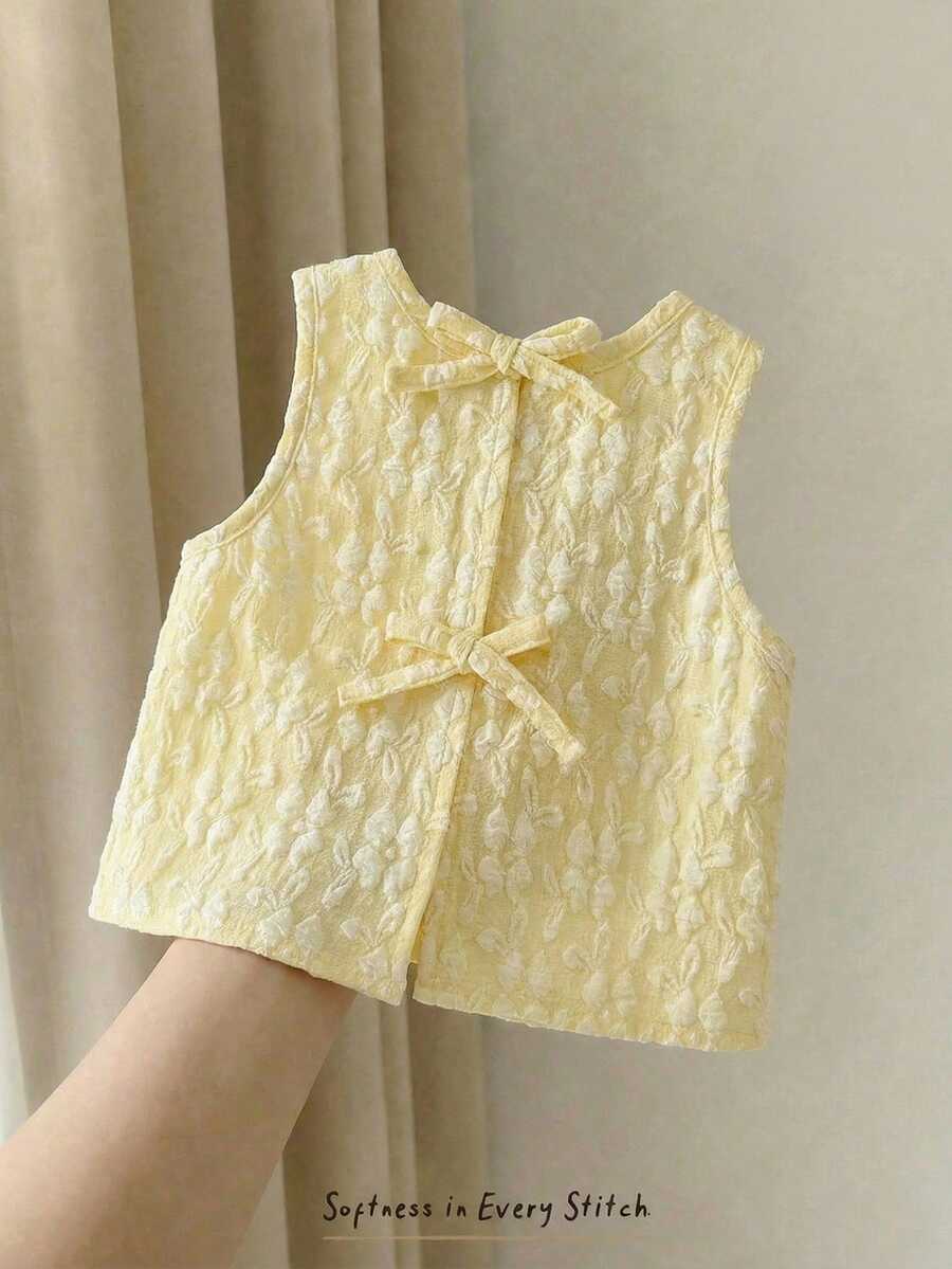 Cozy Pixies Débardeur sans manches de couleur unie à col rond avec décoration de nœud pour bébé fille, bébé fille - Jaune citron - Voir 1