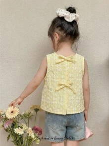 Cozy Pixies Débardeur sans manches de couleur unie à col rond avec décoration de nœud pour bébé fille, bébé fille - Jaune citron - Voir 4