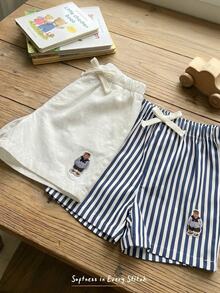 Cozy Pixies 2pcs Young Boy Cartoon Bear Print Striped Elastic Waist Shorts Set - Multicolor - View 1