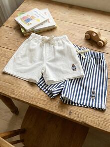 Cozy Pixies 2pcs Young Boy Cartoon Bear Print Striped Elastic Waist Shorts Set - Multicolor - View 3
