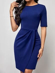 Editum Solid Wrap Hem Dress Spring Summer Elegant Party Wedding  Formal - Blue - View 3