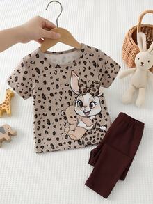 Cozy Pixies Baby Girls Cute Cartoon Rabbit & Bear Print Short Sleeve T-Shirt Set - Multicolor - View 1