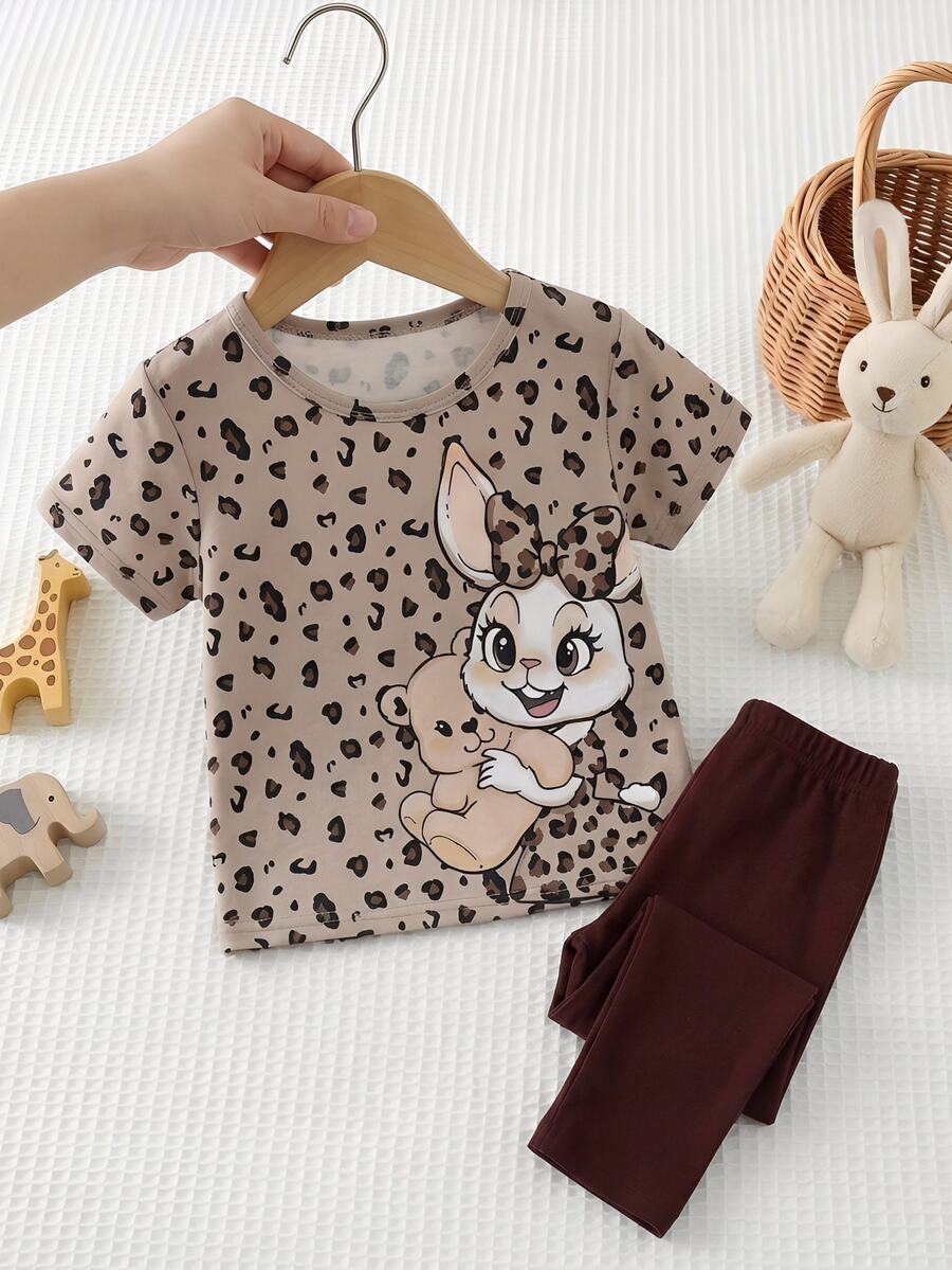 Cozy Pixies Baby Girls Cute Cartoon Rabbit & Bear Print Short Sleeve T-Shirt Set - Multicolor - View 1