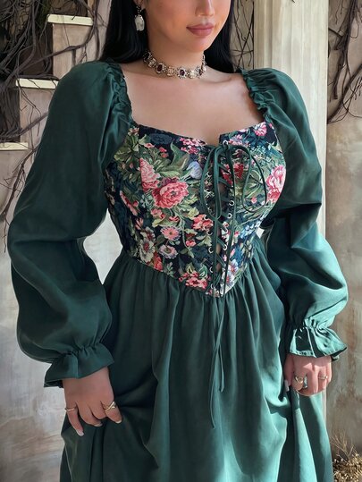 Lyrianda Elegant Vintage Medieval Princess Court Style Dress With Off-Shoulder Eyelet Tie Straps, Jacquard Fabric + Suede Fabric Color Block Green Long Sleeve Maxi Cinched Waist A-Line Party Cocktail Dress For Plus Size Women