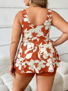 SHEIN Swim Curve 2026 New Plus Size Women Floral Print Drawstring Front Tankini Swimsuit With Shorts, Vacation - Mocha Brown - View 2
