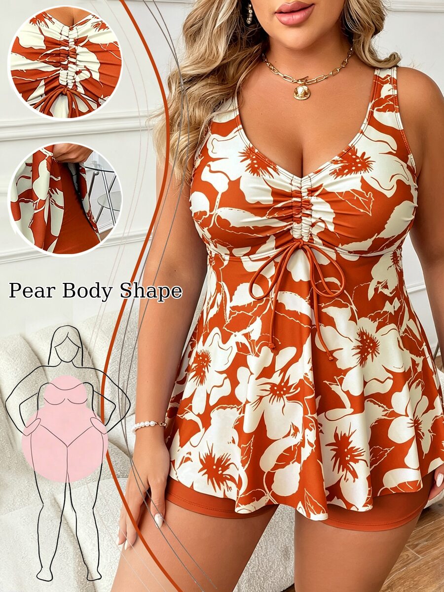 SHEIN Swim Curve 2026 New Plus Size Women Floral Print Drawstring Front Tankini Swimsuit With Shorts, Vacation - Mocha Brown - View 1