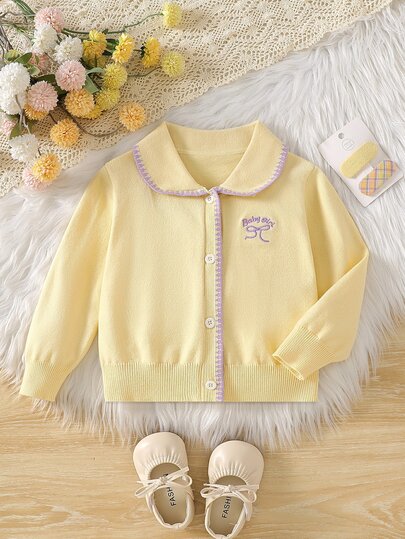 Baby Girls Gentle Sweet Unique Design Autumn/Winter New Light Yellow Color Block Lace Collar Heavy Embroidery Craft Loose Versatile Elegant Cute Knitted Long Sleeve Cardigan Sweater, Can Be Paired With Various Outfits Including Cami Dresses, Tutu Skirts, Dresses, Suitable For Daily Wear, Holiday Outfits, Autumn/Winter Season