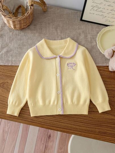 Baby Girls Gentle Sweet Unique Design Autumn/Winter New Light Yellow Color Block Lace Collar Heavy Embroidery Craft Loose Versatile Elegant Cute Knitted Long Sleeve Cardigan Sweater, Can Be Paired With Various Outfits Including Cami Dresses, Tutu Skirts, Dresses, Suitable For Daily Wear, Holiday Outfits, Autumn/Winter Season