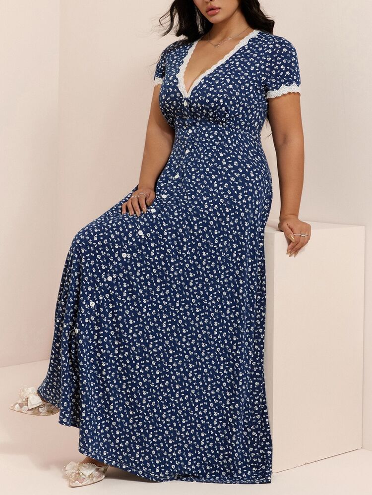 CovetEZ New Lace Patchwork Contrast Color Romantic Fairy Elegant Floral V-Neck Casual Long Plus Size Dress Brunch Vacation Baby Blue Summer - Navy Blue - View 2