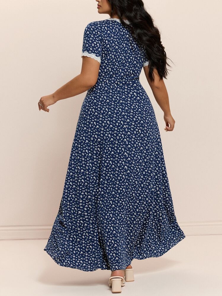 CovetEZ New Lace Patchwork Contrast Color Romantic Fairy Elegant Floral V-Neck Casual Long Plus Size Dress Brunch Vacation Baby Blue Summer - Navy Blue - View 3