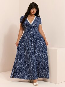 CovetEZ New Lace Patchwork Contrast Color Romantic Fairy Elegant Floral V-Neck Casual Long Plus Size Dress Brunch Vacation Baby Blue Summer - Navy Blue - View 8
