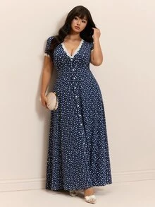 CovetEZ New Lace Patchwork Contrast Color Romantic Fairy Elegant Floral V-Neck Casual Long Plus Size Dress Brunch Vacation Baby Blue Summer - Navy Blue - View 5