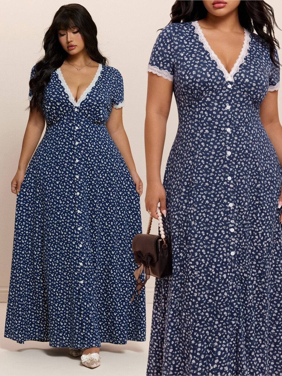 CovetEZ New Lace Patchwork Contrast Color Romantic Fairy Elegant Floral V-Neck Casual Long Plus Size Dress Brunch Vacation Baby Blue Summer - Navy Blue - View 1