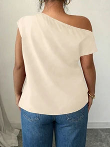 Elenzga Spring Summer Autumn Short Sleeve Asymmetric Shoulder Minimalist Casual Pleated Design Peach Plus Size Shirt Teachers' Day Brunch Office Teacher - Apricot - View 2