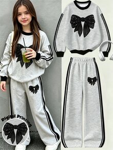 青少年女孩蝴蝶結圖案圓領運動衫套裝，適合秋冬穿著，舒適簡約休閒日常風格 - 彩色 - 查看 3