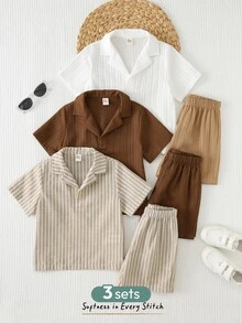 Cozy Pixies 3set Young Boys Casual Comfortable Fashion Simple Practical Versatile Textured Striped Fabric Short Sleeve Shirt And Shorts Multi-Piece Outfit, Suitable For Spring/Summer, Daily Wear, Sports, Outings, School, Parties - Multicolor - View 3