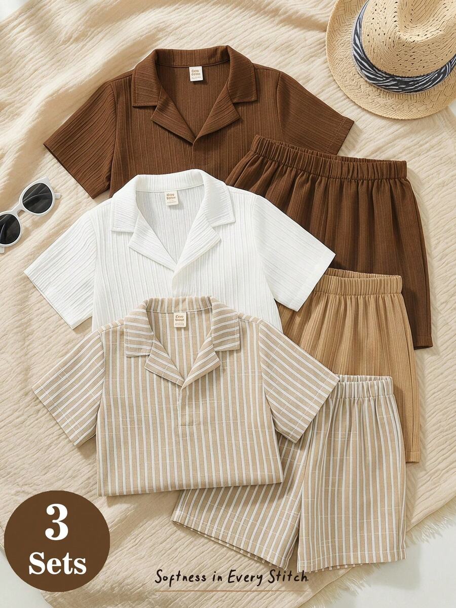 Cozy Pixies 3set Young Boys Casual Comfortable Fashion Simple Practical Versatile Textured Striped Fabric Short Sleeve Shirt And Shorts Multi-Piece Outfit, Suitable For Spring/Summer, Daily Wear, Sports, Outings, School, Parties - Multicolor - View 1