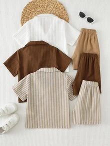 Cozy Pixies 3set Young Boys Casual Comfortable Fashion Simple Practical Versatile Textured Striped Fabric Short Sleeve Shirt And Shorts Multi-Piece Outfit, Suitable For Spring/Summer, Daily Wear, Sports, Outings, School, Parties - Multicolor - View 2