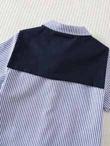 Cozy Pixies 男童条纹印花撞色纽扣短袖衬衫，带肩披和纯色短裤套装 - 杏色 - 查看 4
