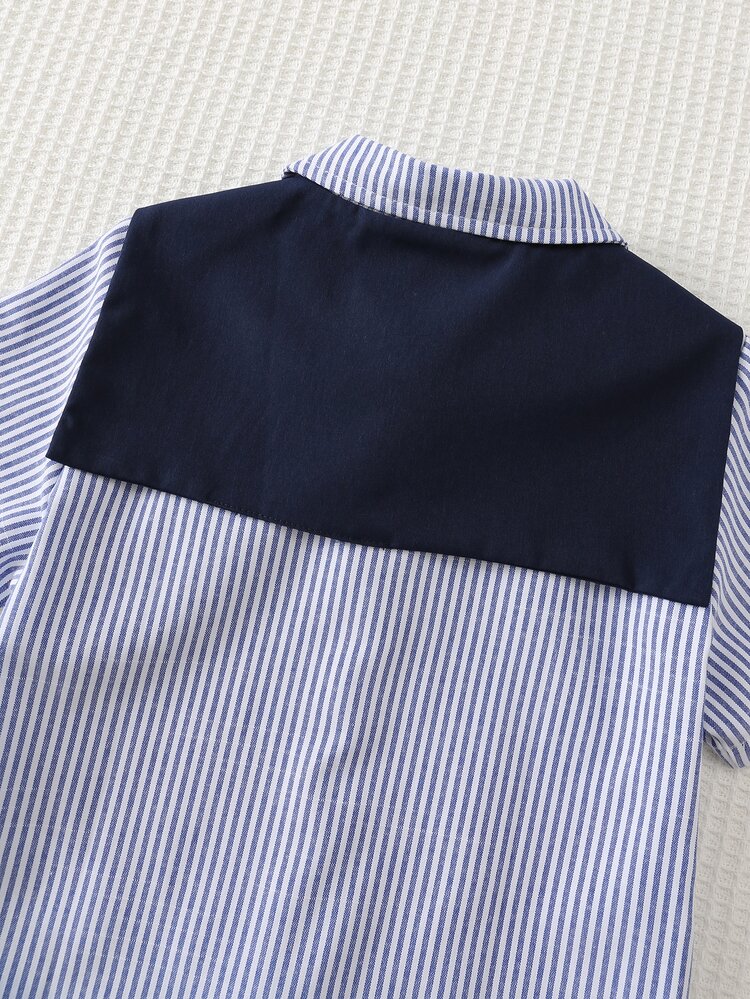 Cozy Pixies Young Boy Striped Print Contrast Color Button-Front Short Sleeve Shirt With Shoulder Cape And Solid Color Shorts Set - Apricot - View 4