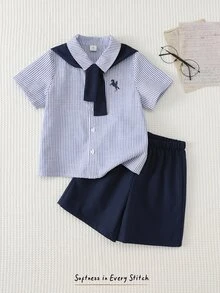 Cozy Pixies 男童条纹印花撞色纽扣短袖衬衫，带肩披和纯色短裤套装 - 杏色 - 查看 8