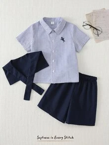 Cozy Pixies 男童条纹印花撞色纽扣短袖衬衫，带肩披和纯色短裤套装 - 杏色 - 查看 3