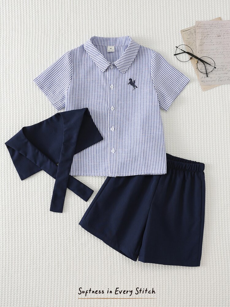 Cozy Pixies Young Boy Striped Print Contrast Color Button-Front Short Sleeve Shirt With Shoulder Cape And Solid Color Shorts Set - Apricot - View 3