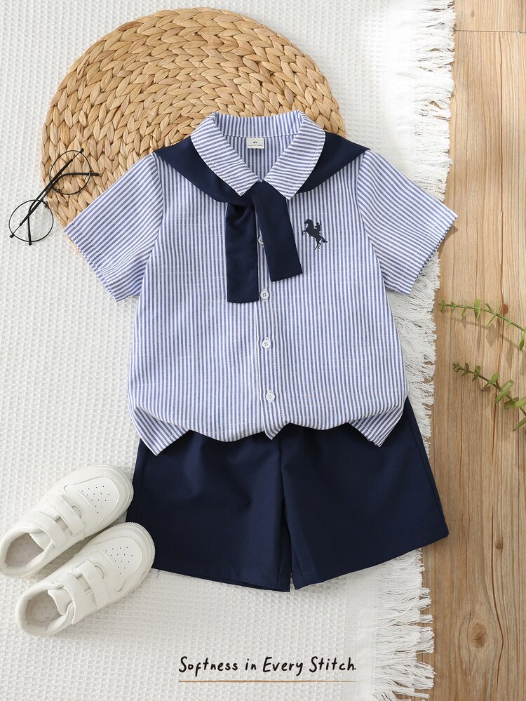 Cozy Pixies Young Boy Striped Print Contrast Color Button-Front Short Sleeve Shirt With Shoulder Cape And Solid Color Shorts Set - Apricot - View 7