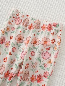 Cozy Pixies 女婴卡通动物印花柔软针织圆领短袖上衣和松紧腰裤两件套 - 杏色 - 查看 5