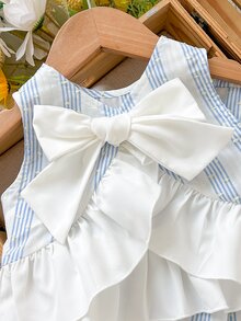 Cozy Pixies Baby Girl Blue & White Striped Ruffle Trim Bow Decor Casual Shirt And Loose Woven Wide Leg Pants Set - Multicolor - View 3