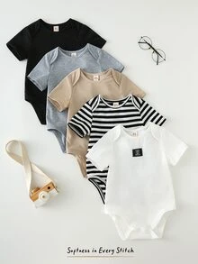 Cozy Pixies 5件套婴儿男女宝宝夏季短袖叠层领条纹纯色连体衣套装 - 彩色 - 查看 6