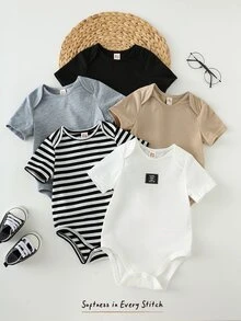 Cozy Pixies 5件套婴儿男女宝宝夏季短袖叠层领条纹纯色连体衣套装 - 彩色 - 查看 7