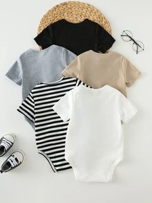 Cozy Pixies 5件套婴儿男女宝宝夏季短袖叠层领条纹纯色连体衣套装 - 彩色 - 查看 2