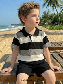 Cozy Pixies Kids Young Boy Striped Pattern Knit Soft Crew Neck Short Sleeve Pullover Top And Elastic Waist Shorts 2-Piece Set - Multicolor - View 2