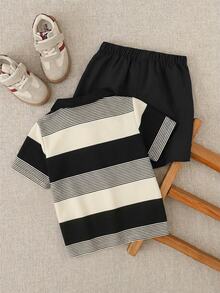 Cozy Pixies Kids Young Boy Striped Pattern Knit Soft Crew Neck Short Sleeve Pullover Top And Elastic Waist Shorts 2-Piece Set - Multicolor - View 3