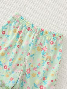 Cozy Pixies 女嬰花卉印花甜美可愛仙女公主圖案針織柔軟舒適圓領短袖上衣與彈性腰圍長褲2件套，女嬰春/夏短袖短褲2件套，針織針織布2件套，公主套裝 - 綠色 - 查看 5