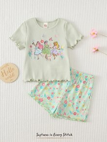 Cozy Pixies 女嬰花卉印花甜美可愛仙女公主圖案針織柔軟舒適圓領短袖上衣與彈性腰圍長褲2件套，女嬰春/夏短袖短褲2件套，針織針織布2件套，公主套裝 - 綠色 - 查看 8